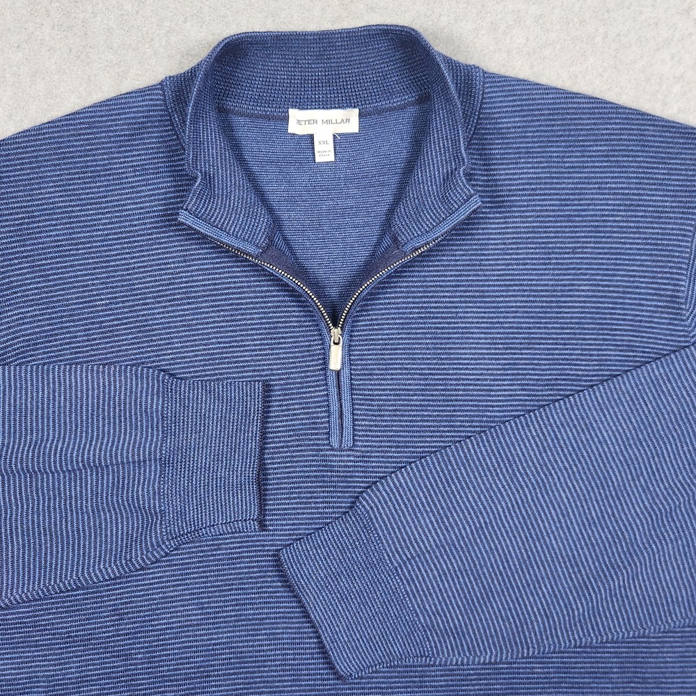 Peter Millar Sweater Mens 2XL Blue Canton Stripe Wool Blend 1/4 Zip Golf Preppy